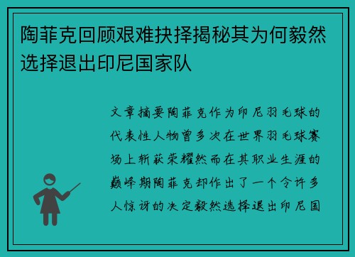 陶菲克回顾艰难抉择揭秘其为何毅然选择退出印尼国家队